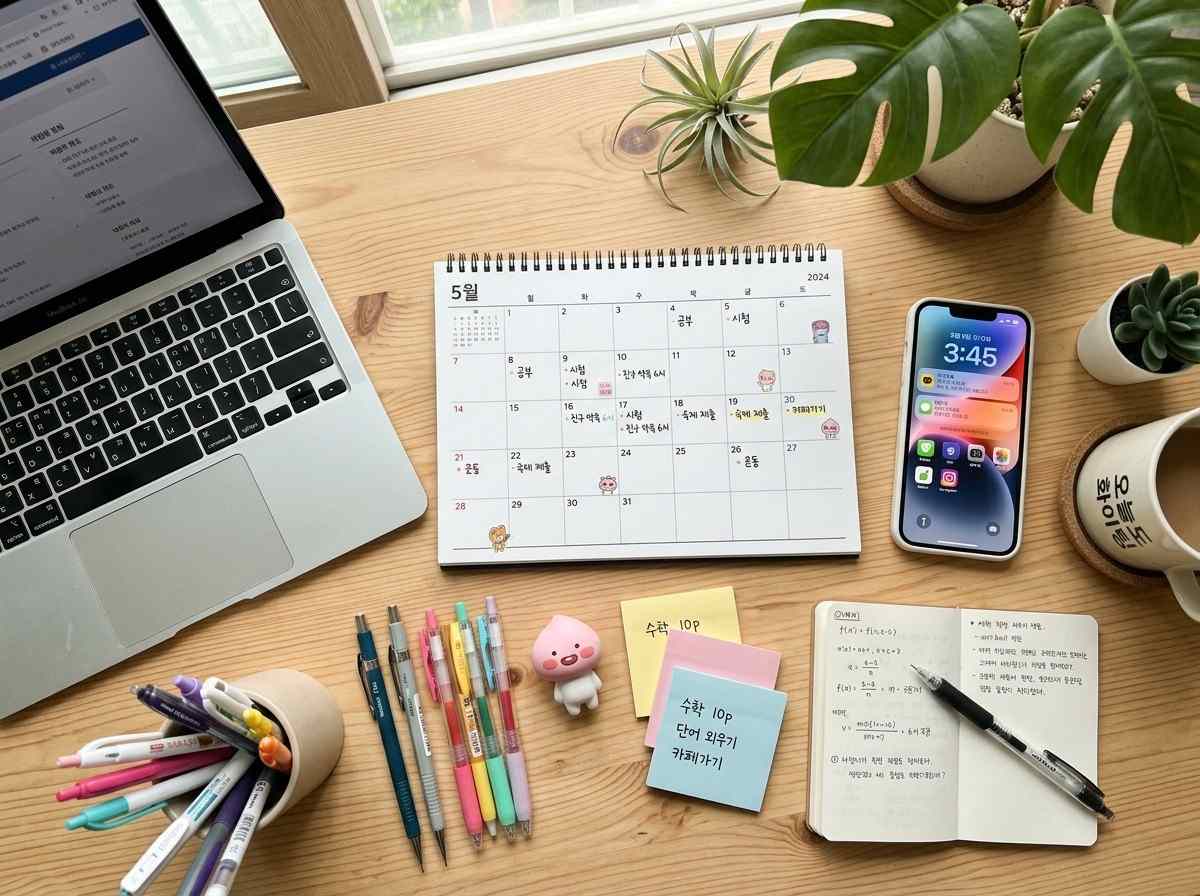 책상 위에 놓인 캘린더와 노트북, 스마트폰, 필기구