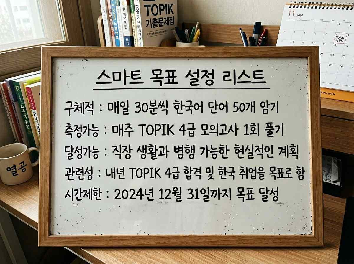 화이트보드에 SMART 원칙에 따라 작성된 목표 목록