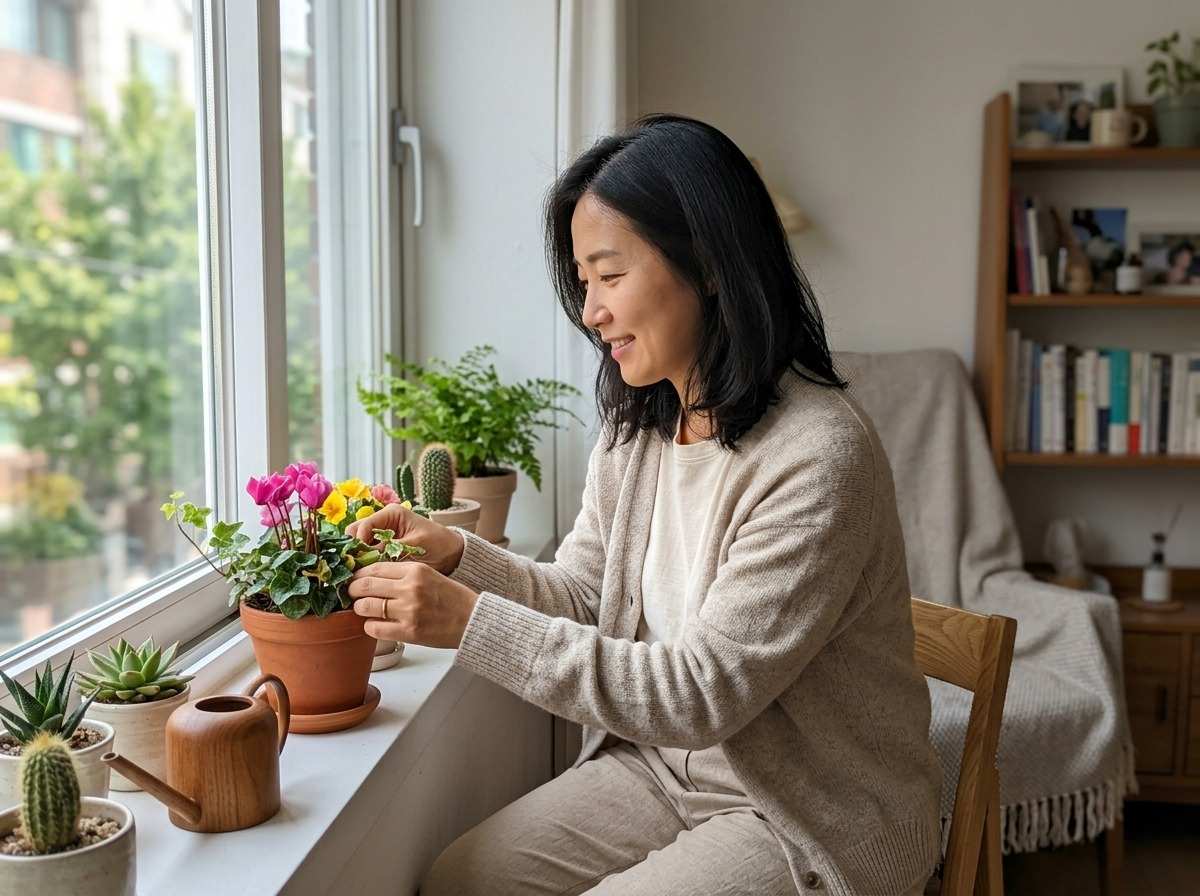 따뜻한 햇살 아래, 창가에 앉아 다채로운 색상의 꽃이 담긴 작은 화분을 돌보고 있는 30대 한국 여성의 옆모습