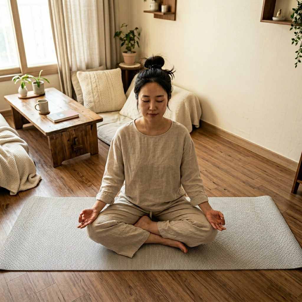 한국 가정집 거실에서 차분하게 명상 자세를 취하고 있는 30대 한국 여성