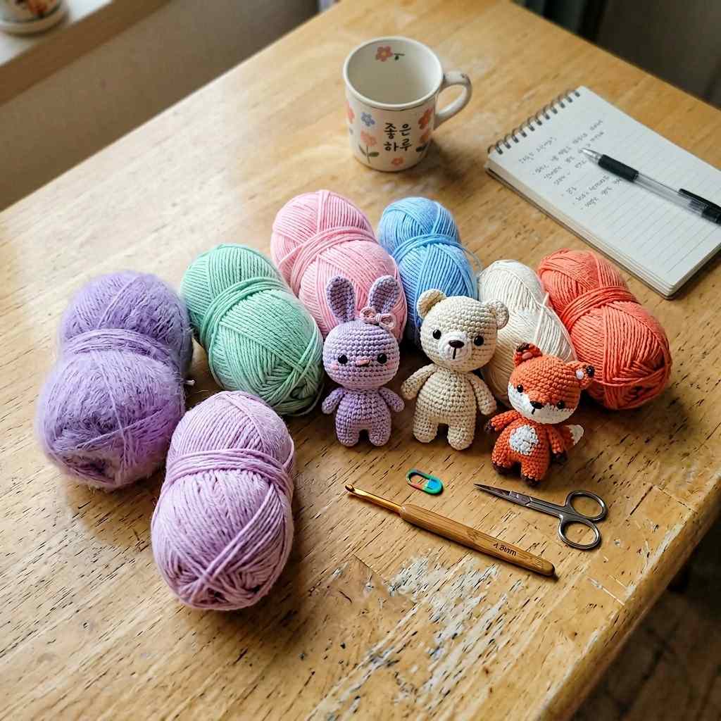테이블 위에 놓인 다양한 색상의 뜨개질 실과 완성된 작은 뜨개질 인형