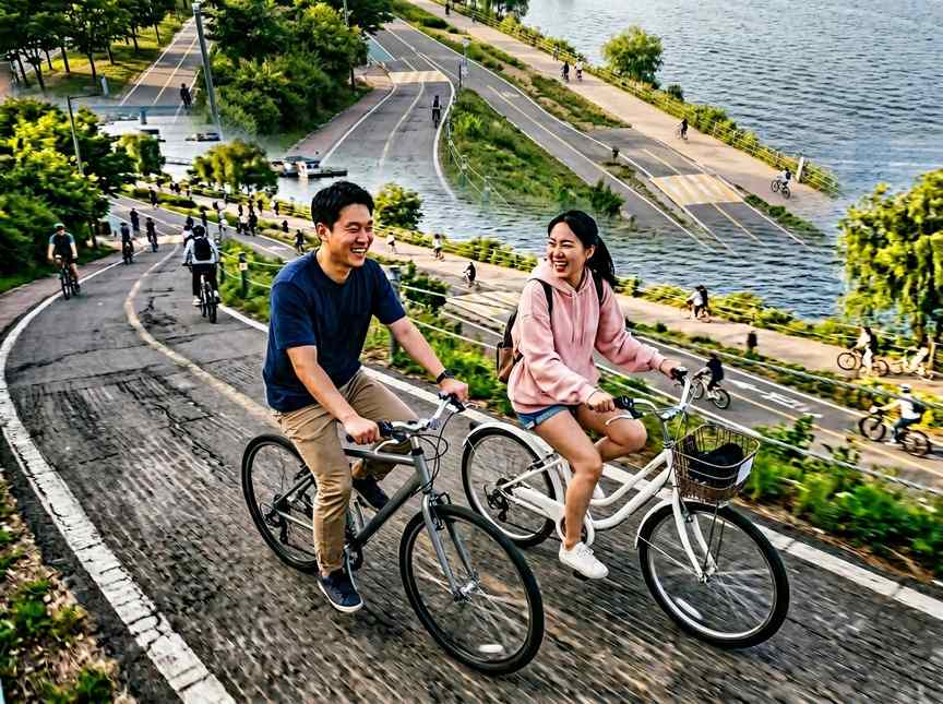한국의 한강 공원에서 자전거를 타며 여유롭게 웃고 있는 30대 한국인 커플