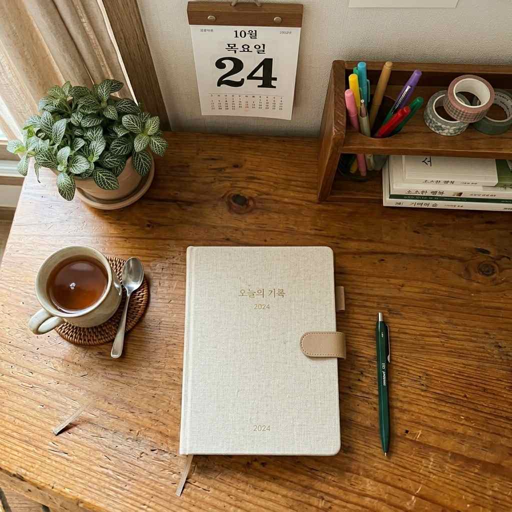 한국 가정집 책상 위에 놓인 일기장과 펜, 따뜻한 조명