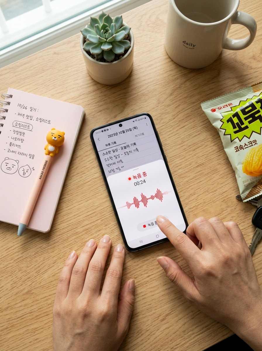한국인 여성이 스마트폰으로 일기 앱에 음성 메모를 남기는 모습