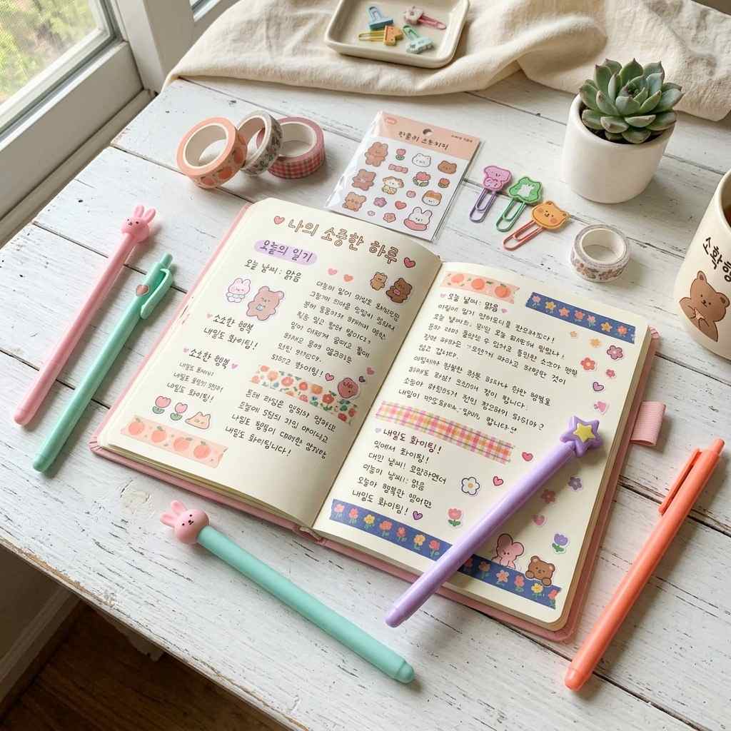 다양한 색상의 펜과 스티커, 아기자기한 디자인의 일기장