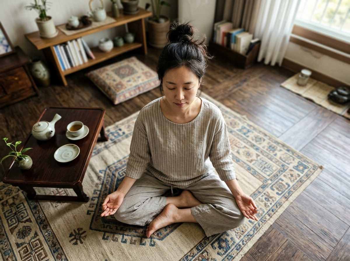 한국 가정집 거실에서 편안하게 앉아 명상하는 30대 한국인 여성