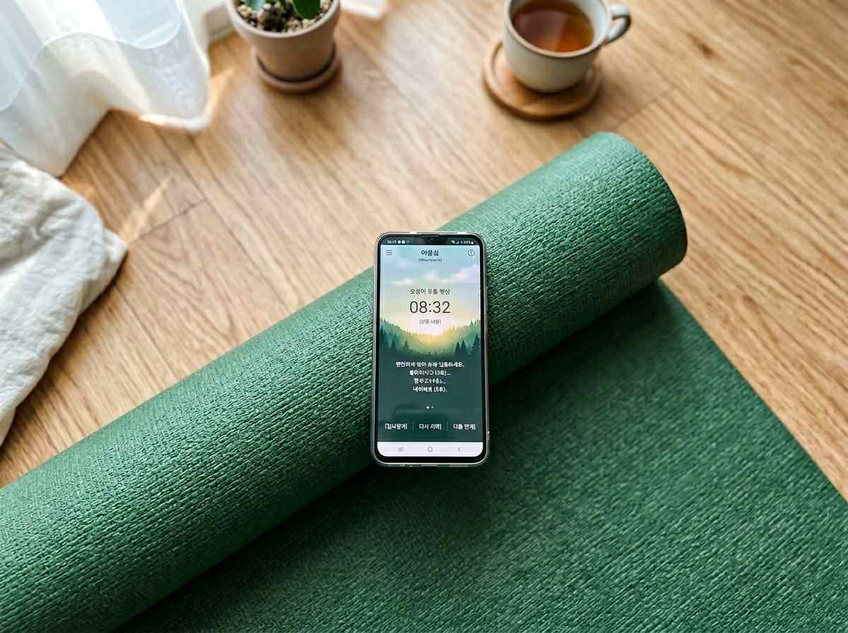 명상 앱 화면을 보여주는 스마트폰과 요가 매트