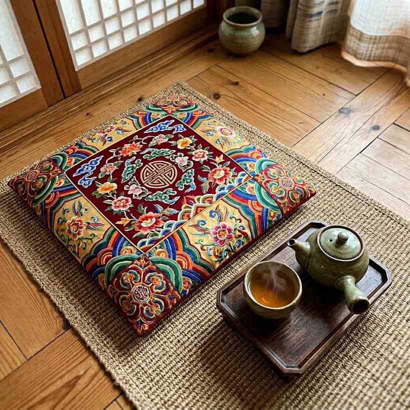 한국 전통 문양이 그려진 명상 쿠션과 차