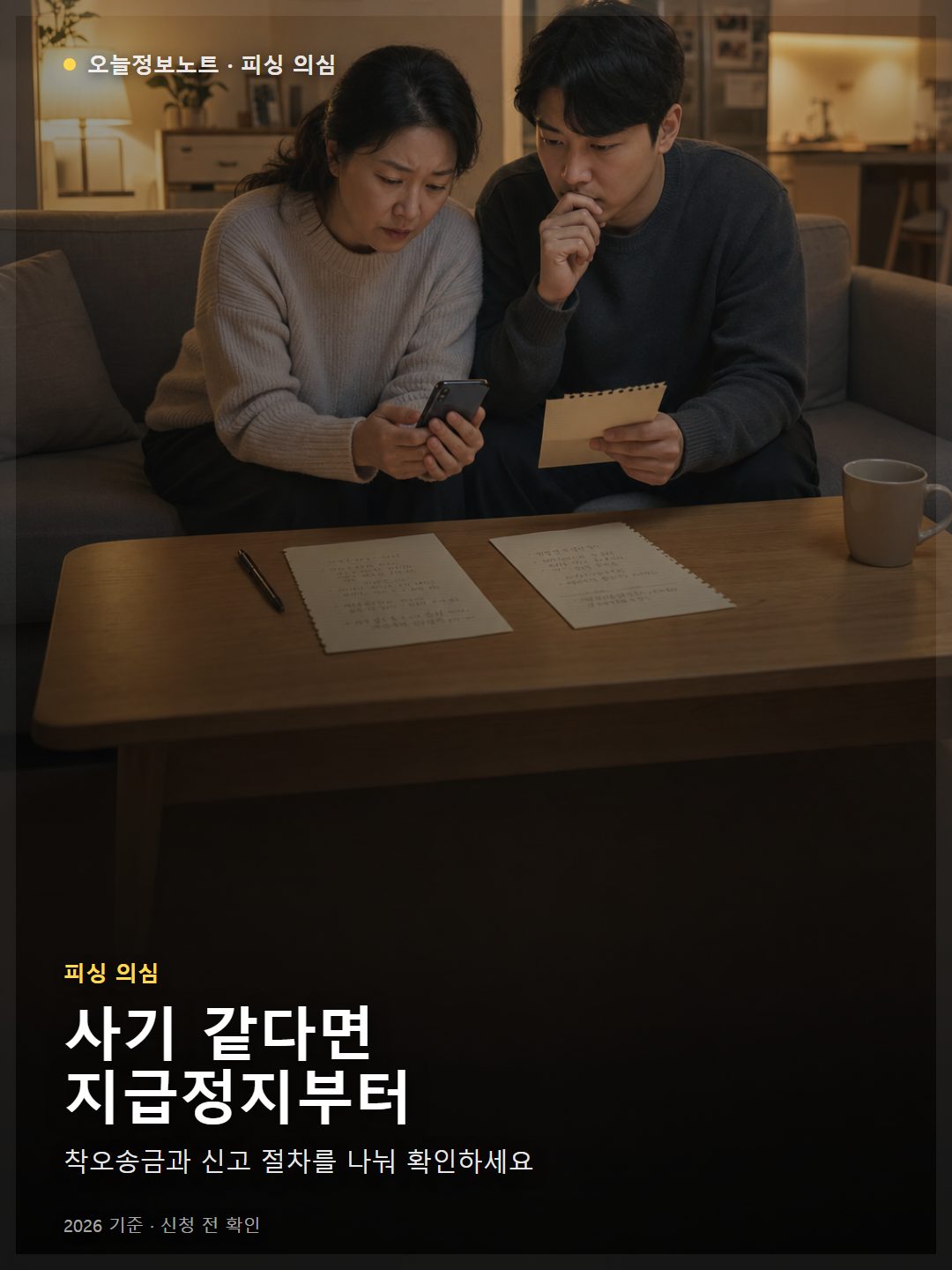 착오송금과 보이스피싱 신고 절차를 가족이 따로 확인하는 거실 장면