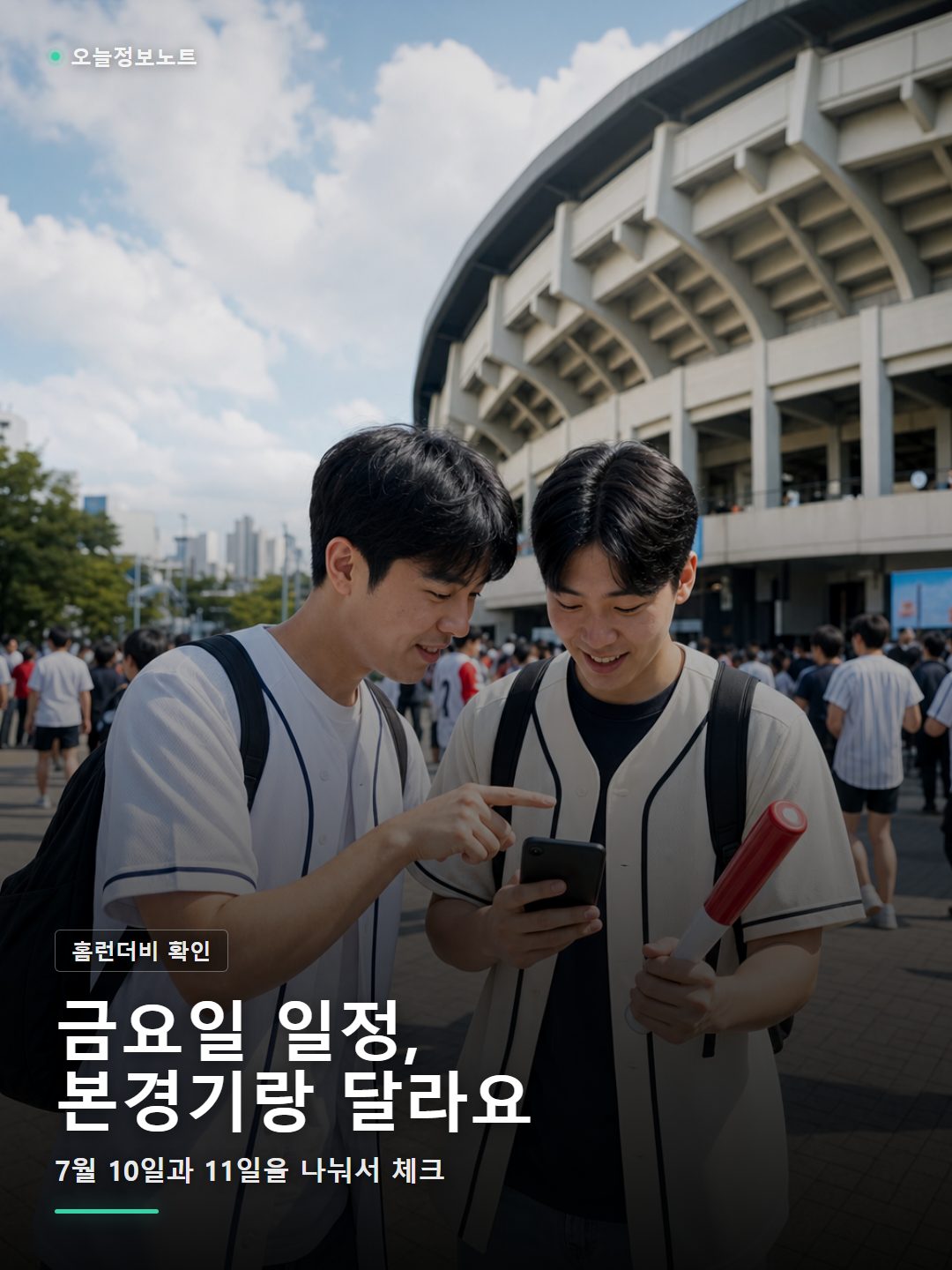 잠실야구장 주변에서 친구들이 KBO 올스타전 홈런더비와 본 경기 일정을 비교하는 장면