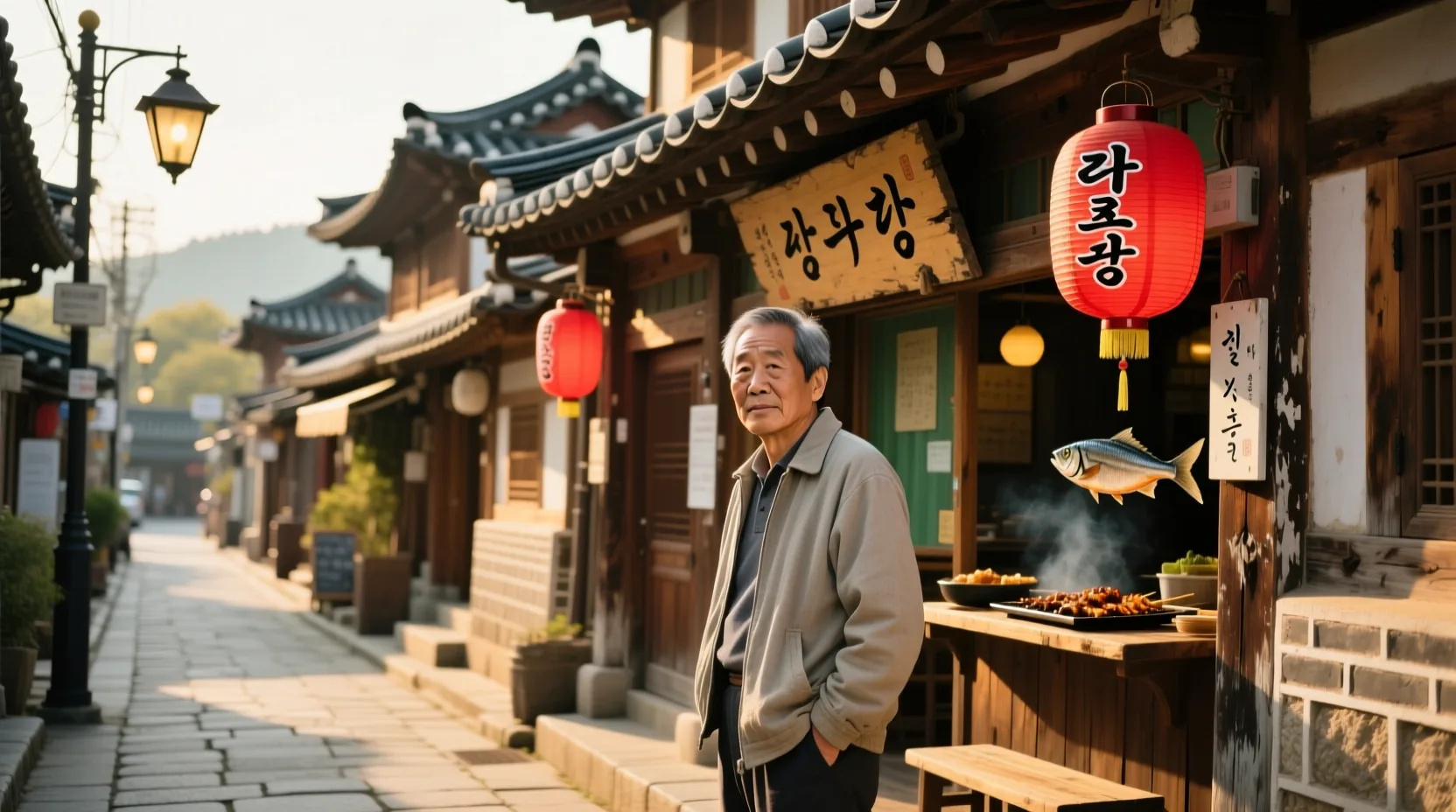 전주 객사길 거리의 한국 식당 간판과 입구
